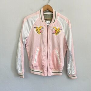Hollister Bomber Jacket Women Size Small Pink Embroidered Tiger Zip Up New